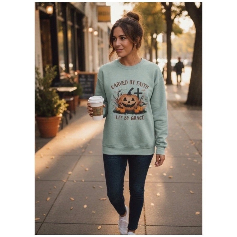 Bow-Kae Designs Sweatshirt Women S Blue Carved by Faith Pumpkin Christian Fleece - Picture 12 of 13